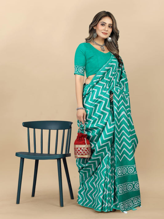 Green Lehariya Cotton Chanderi Batik Printed Saree - Laxmisaree.com