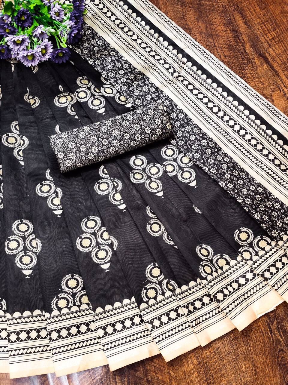 Black color Soft Silk fabric with digital print saree