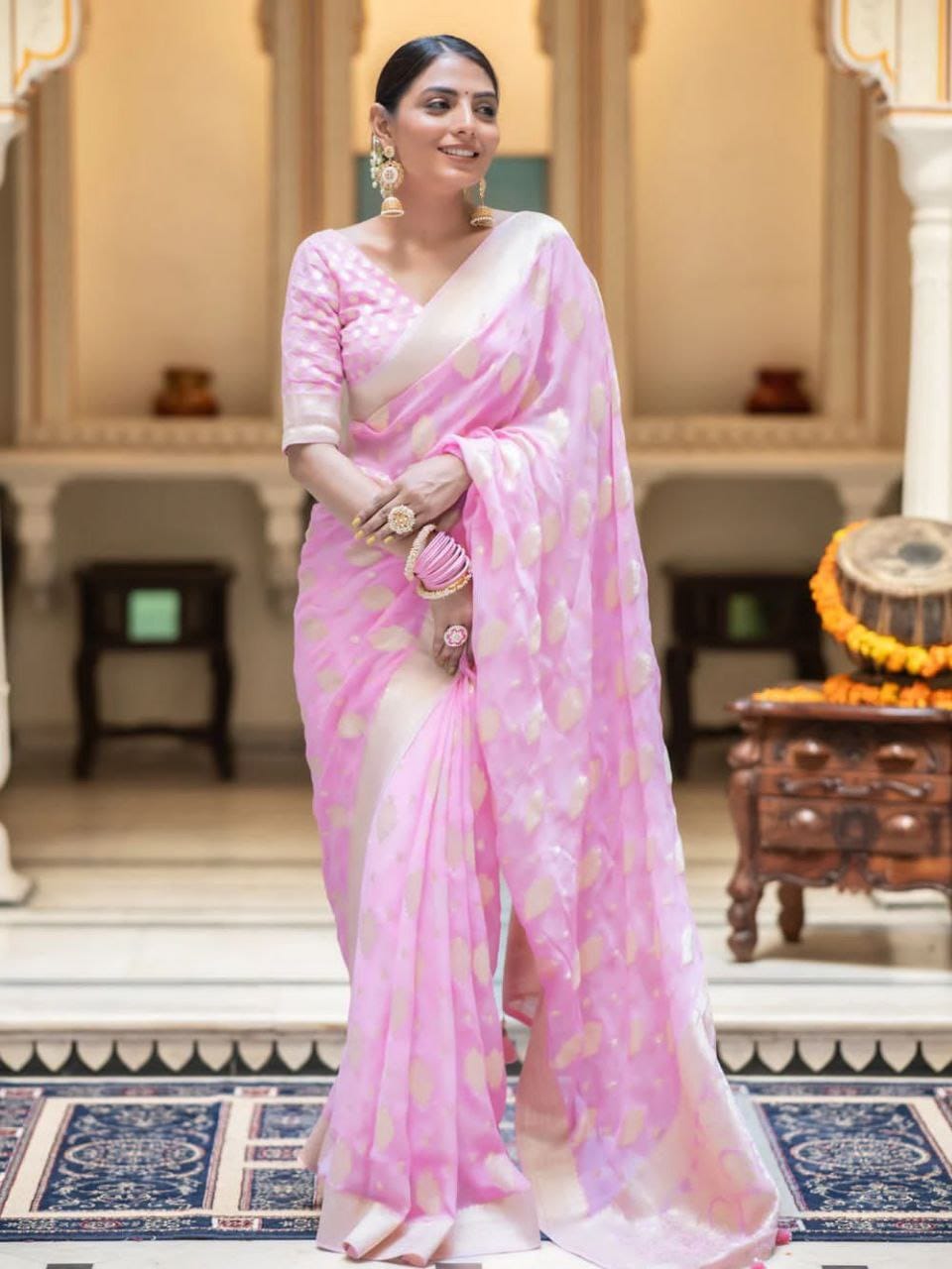 Baby pink Colour Banarasi Khadi Georgette Saree with Intricate Jaqurad Weaving