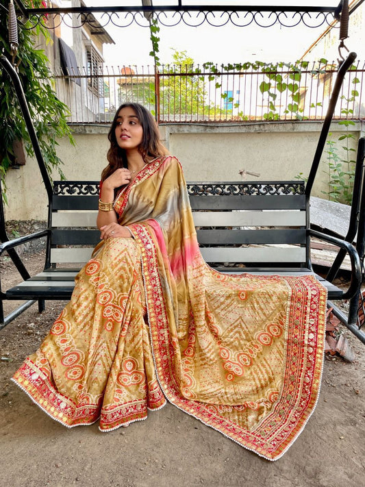 Beige color Bhadhani Saree with Bangalori fabric blouse
