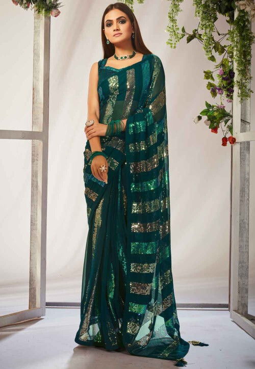 Luxe heavy Georgette Sequence green Saree