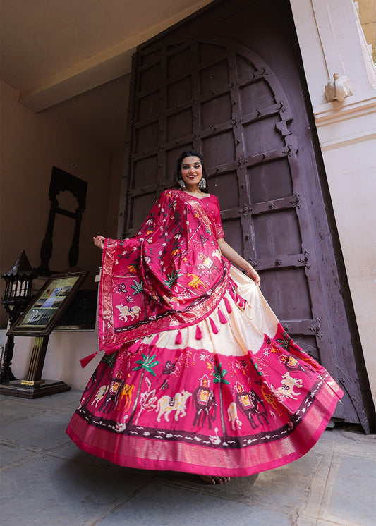 Pink Gujarati Dola Silk Lehenga with Shimmering Foil Work