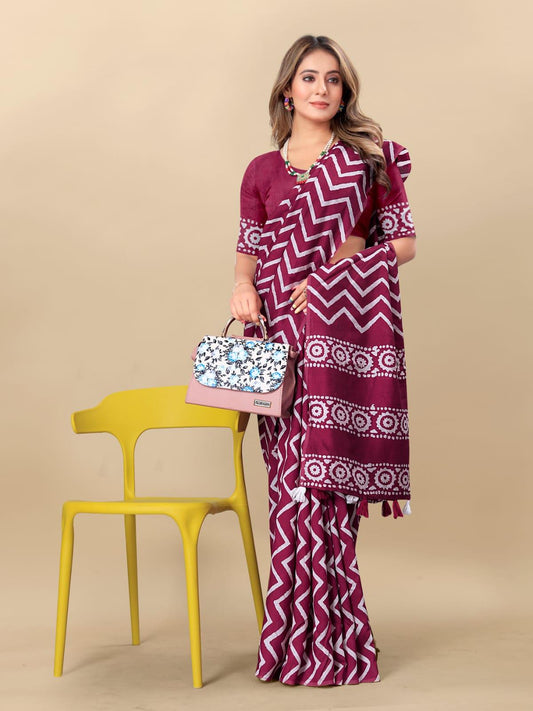 Magenta Cotton Chanderi Batik Printed Saree - Laxmisaree.com