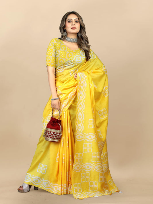Yellow Block Cotton Chanderi Batik Printed Saree - Laxmisaree.com