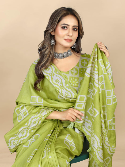 Mehndi Green Cotton Chanderi Batik Printed Saree - Laxmisaree.com