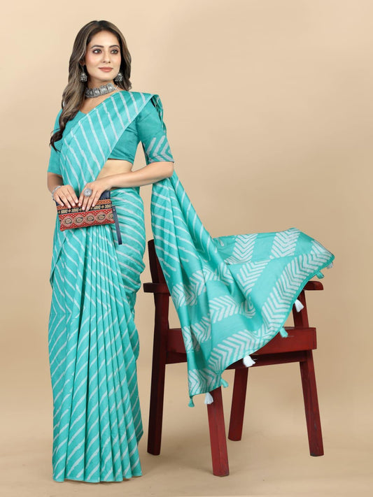 Sky Blue Lahariya Cotton Chanderi Batik Printed Saree - Laxmisaree.com