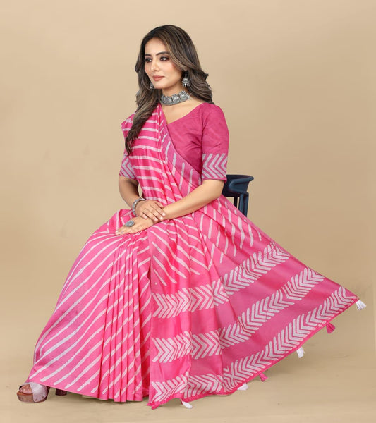 Pink Lahariya Cotton Chanderi Batik Printed Saree - Laxmisaree.com