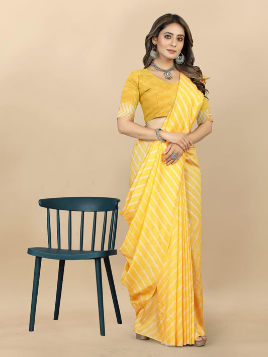 Yellow Lahariya Cotton Chanderi Batik Printed Saree - Laxmisaree.com