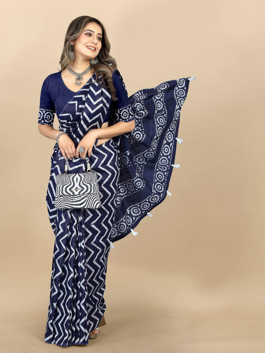 Navy Blue Cotton Chanderi Batik Printed Saree - Laxmisaree.com