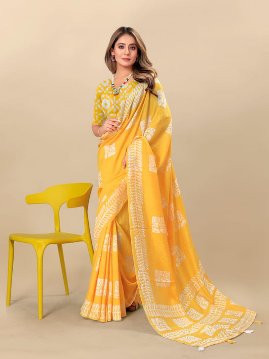 Yellow Cotton Chanderi Batik Printed Saree - Laxmisaree.com