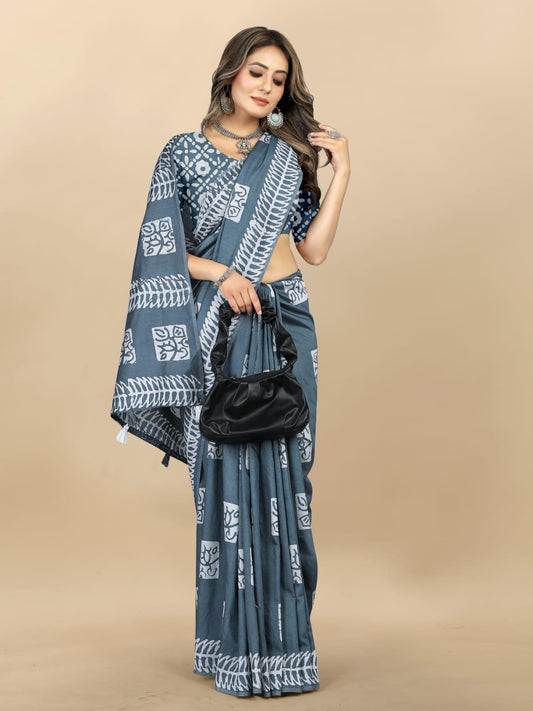 Grey Cotton Chanderi Batik Printed Saree - Laxmisaree.com