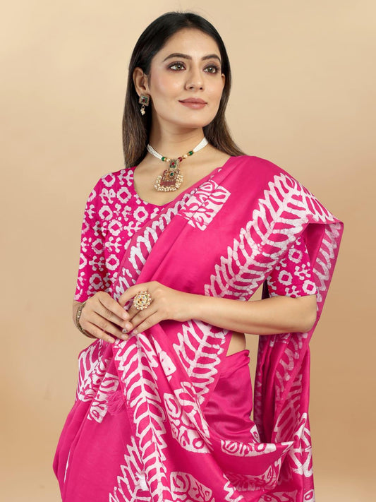 Pink Leaf Cotton Chanderi Batik Printed Saree - Laxmisaree.com