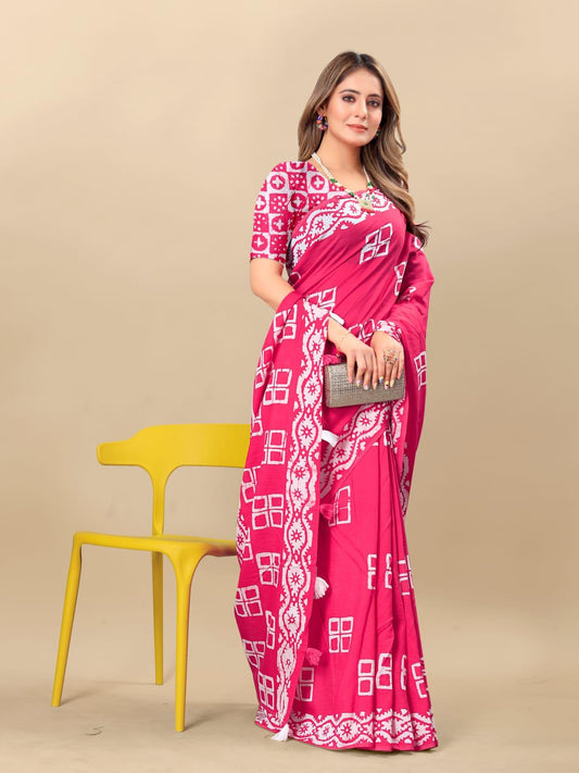 Pink Cotton Chanderi Batik Printed Saree - Laxmisaree.com