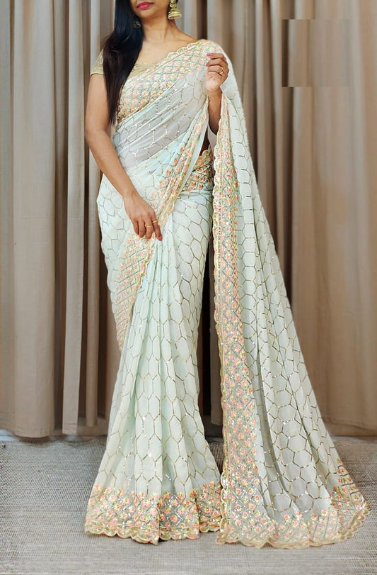 Beautiful Faux Georgette Saree With sequence work blue saree - Laxmisaree.com