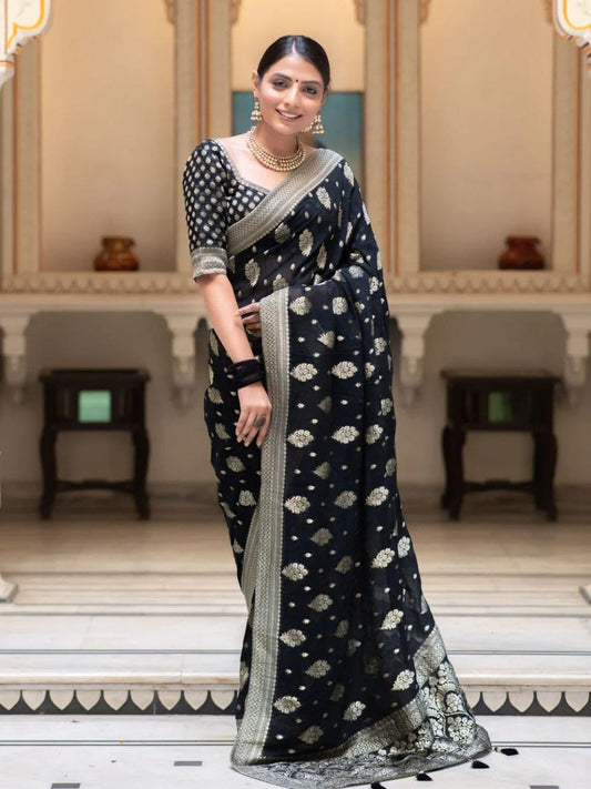 Black Elegance Banarasi Khadi Georgette Saree with Intricate Jaqurad Weaving