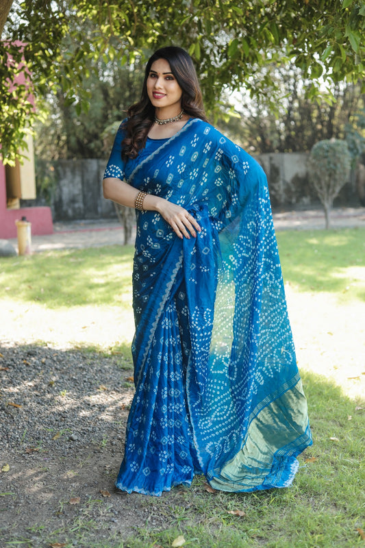 Bandhej Silk blue Saree with Zari Weaving