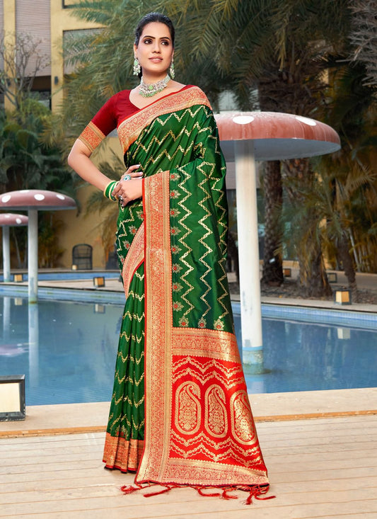 Banarasi silk green saree with blouse piece
