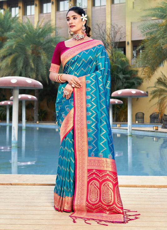 Banarasi silk sky blue Saree with blouse piece