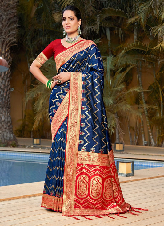 Banarasi silk blue and red Saree with blouse piece