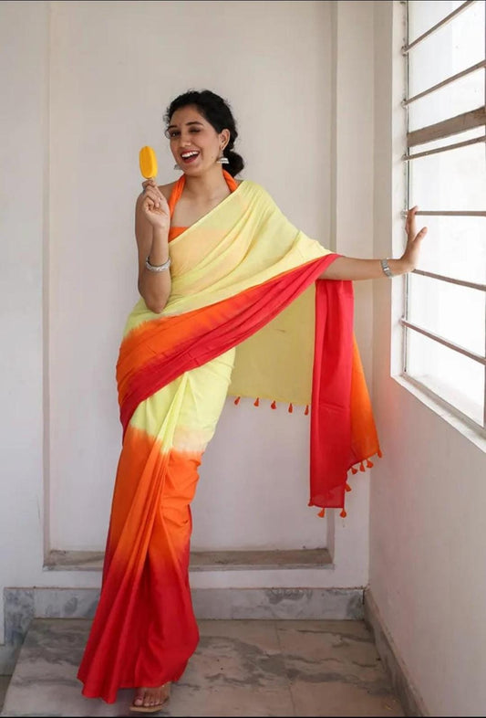 Exclusive Soft Pure cotton yellow and orange saree with Blouse piece