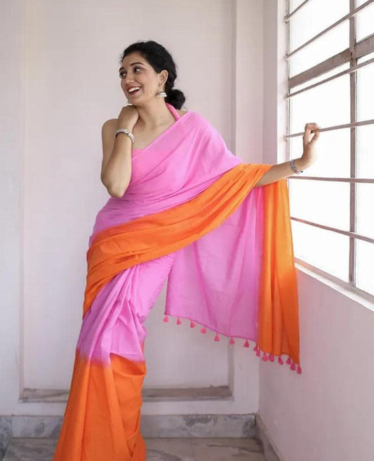 Exclusive Soft Pure cotton pink and orange saree with Blouse piece