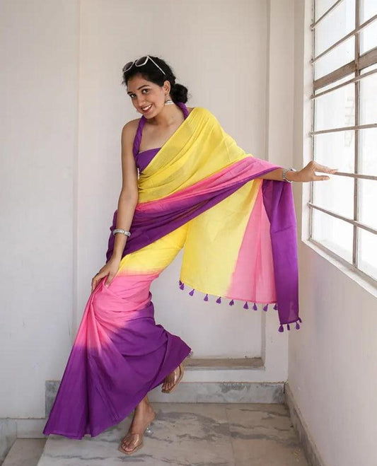 Exclusive Soft Pure cotton yellow and multi colour saree with Blouse piece