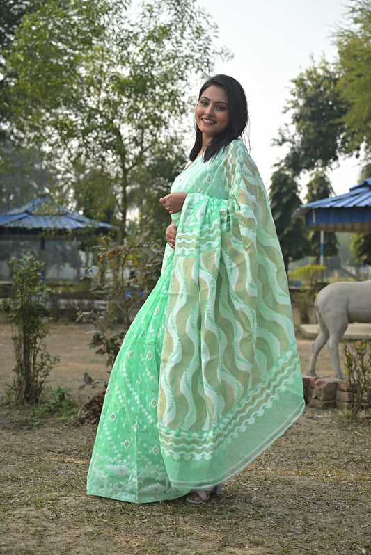 Exclusive Soft Dhakai Jamdani lime green Saree