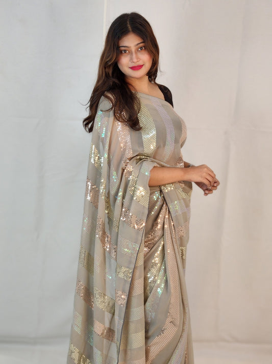 Luxe Georgette Sequence silver Saree