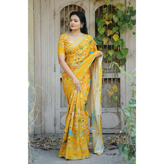 Yellow Pure Linen Saree with Zari & Sequence Work.