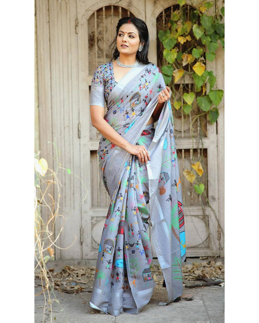 Grey Pure Linen Saree with Zari & Sequence Work.