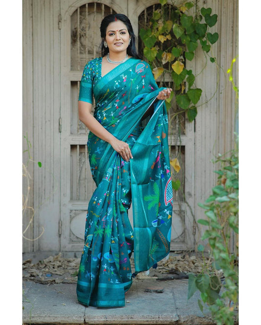 Green Pure Linen Saree with Zari & Sequence Work.